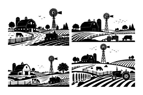 Black and White Farm Scenes with Windmill