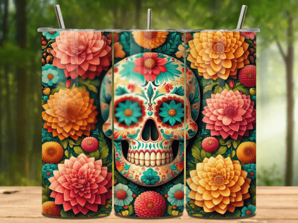 Floral Skull 20oz Tumbler Wrap Png V.8