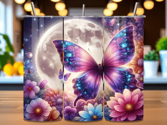 Moon Butterfly Floral Tumbler Wrap PNG